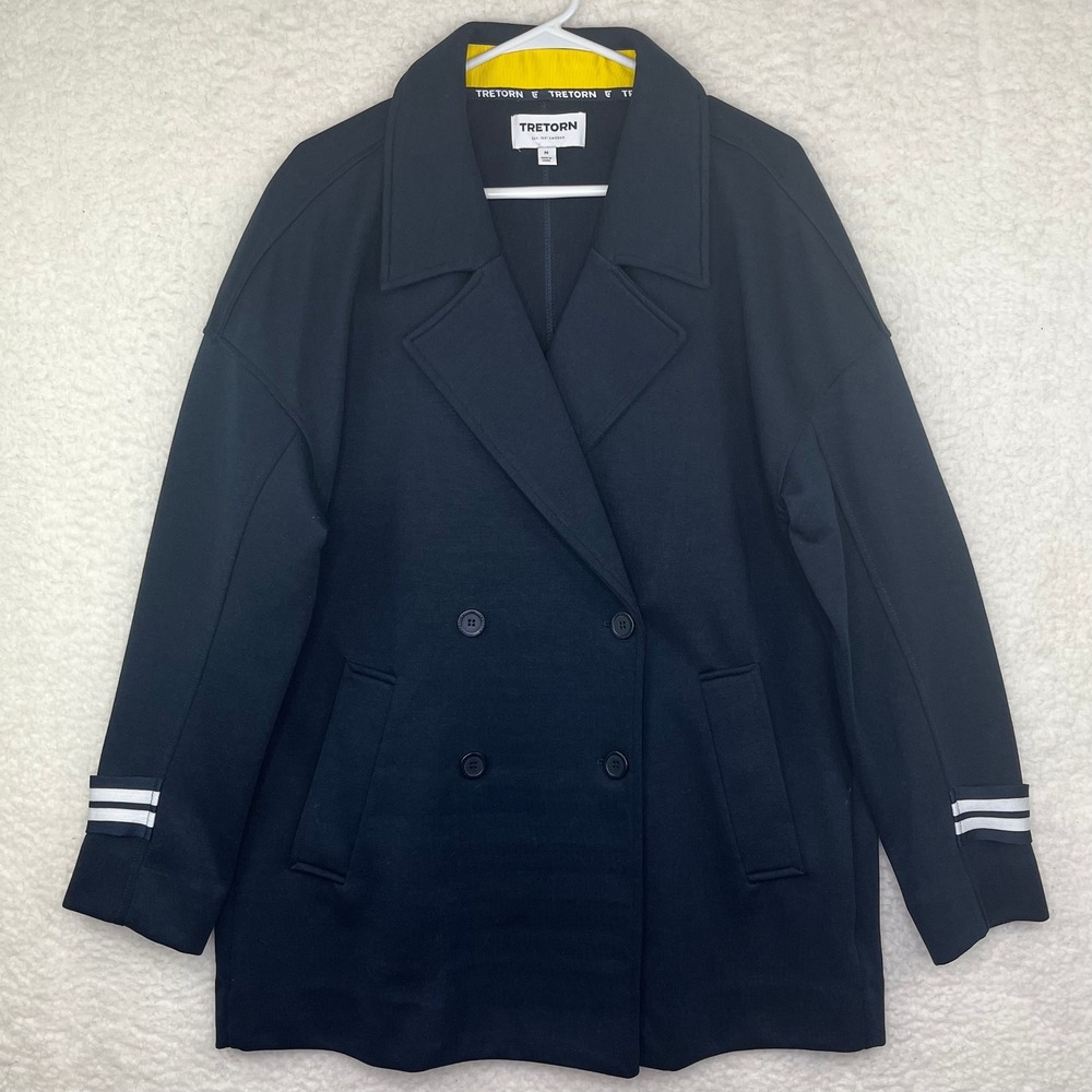 Tretorn Womens Navy Blue Double Breasted Pea Coat Jacket Nautical Stripe Cuffs M